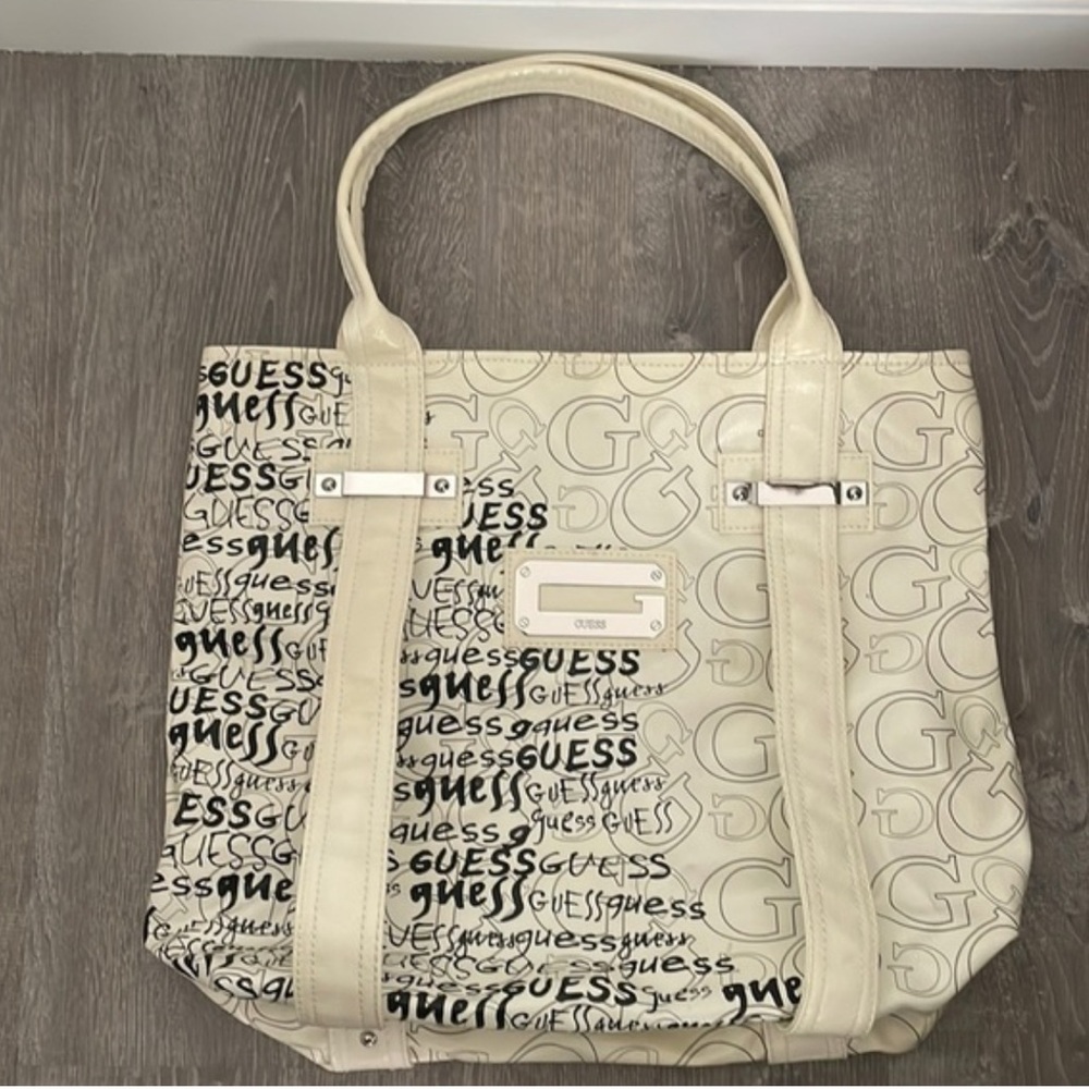 Guess Beige and Black Logo Tote Bag
